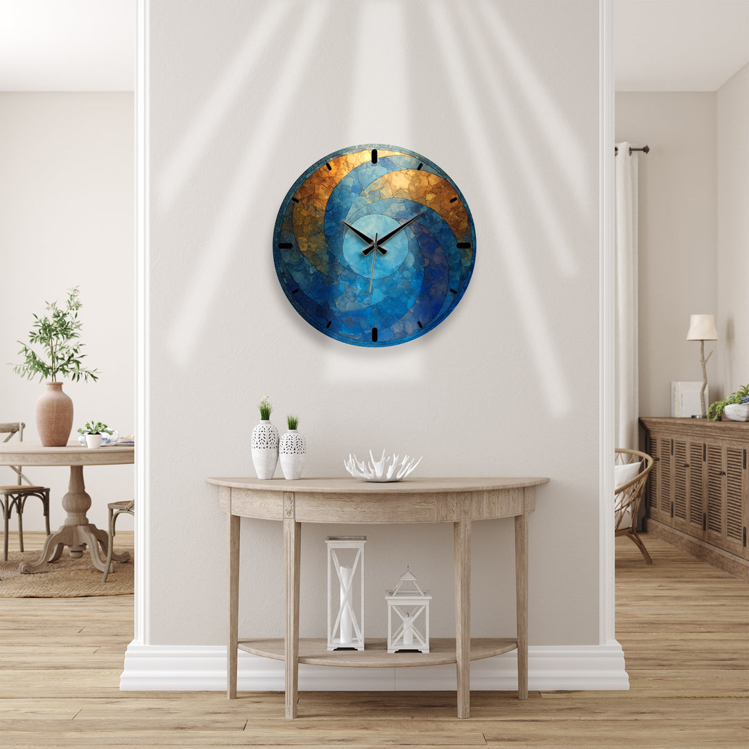 Blaue und goldene Glaswanduhr – abstraktes Kreisdekor