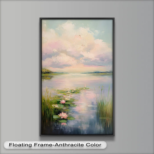 The realistic detail in this Lotus Tranquility oil painting wall art captures the delicate beauty of water lilies on a pastel lake, making for a serene floral scene.