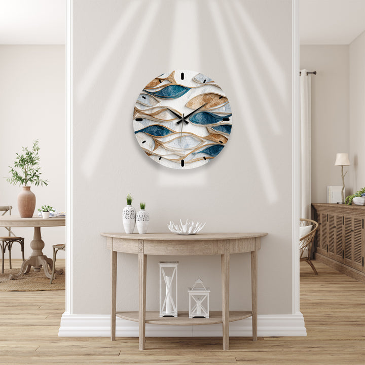 Blue and Beige Glass Wall Clock – Modern Organic Abstract Art