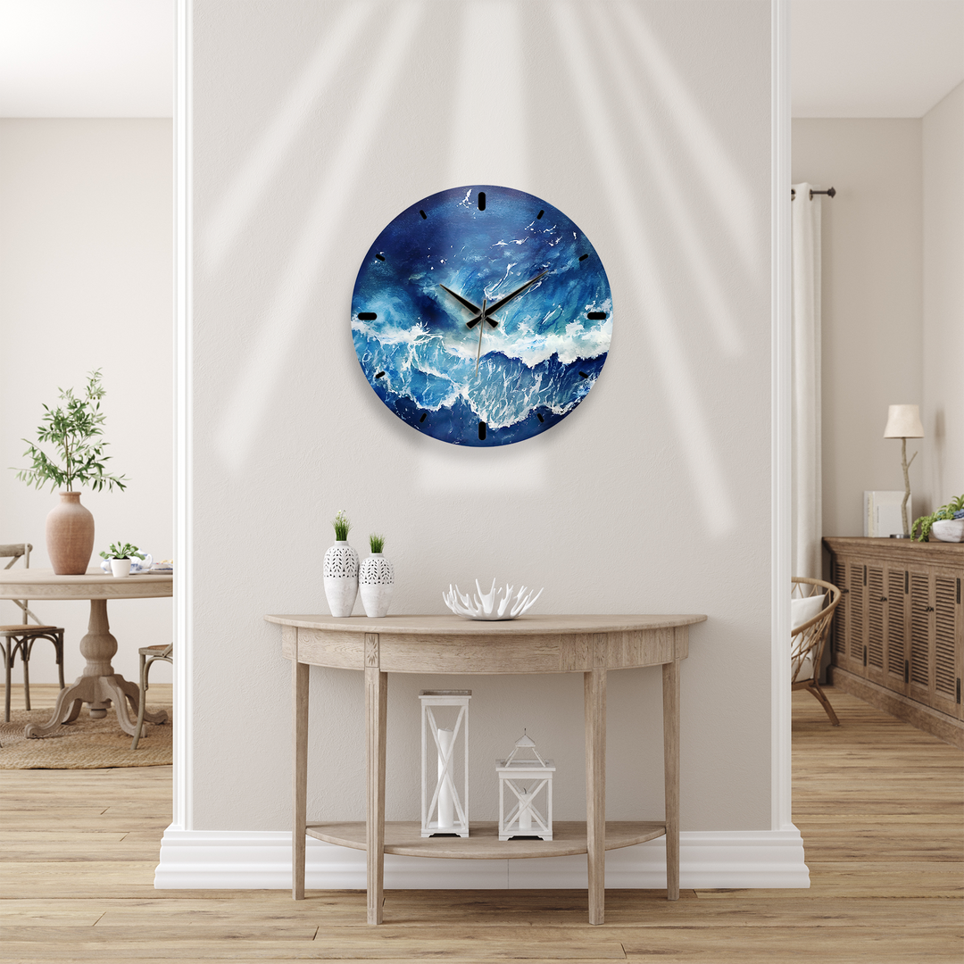 Abstract Blue Ocean Glass Wall Clock – Coastal Wave Art