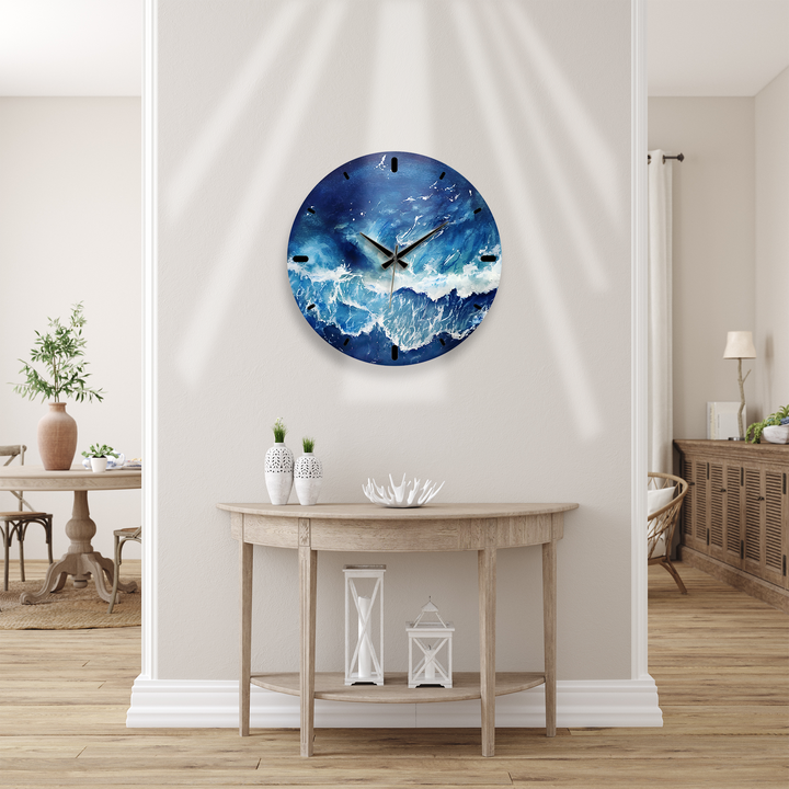 Abstract Blue Ocean Glass Wall Clock – Coastal Wave Art