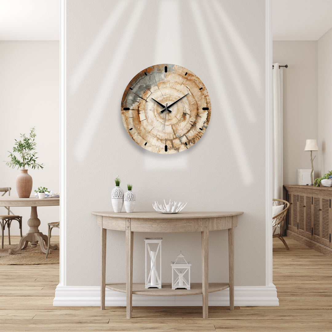 Tree Ring Glass Wall Clock – Rustic Wood Grain Decor