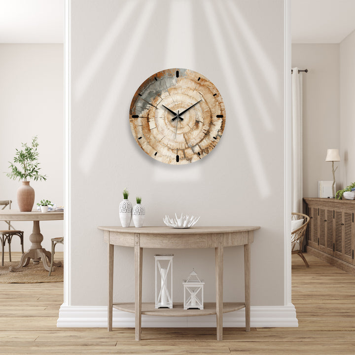 Tree Ring Glass Wall Clock – Rustic Wood Grain Decor