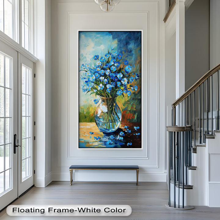 A richly textured painting of wild blue flowers in a transparent vase, surrounded by warm and cool brushstrokes.