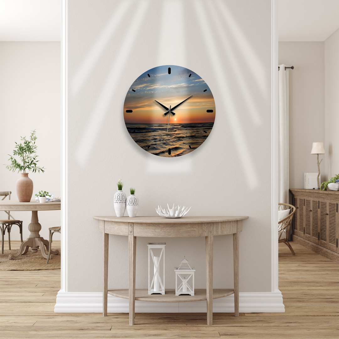 Ocean Sunset Glass Wall Clock – Coastal Beach Decor