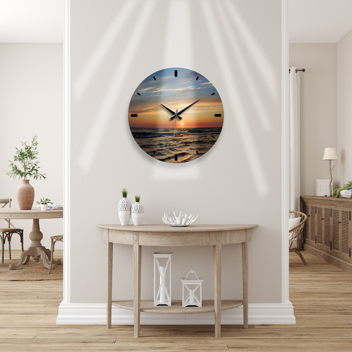 Ocean Sunset Glass Wall Clock – Coastal Beach Decor