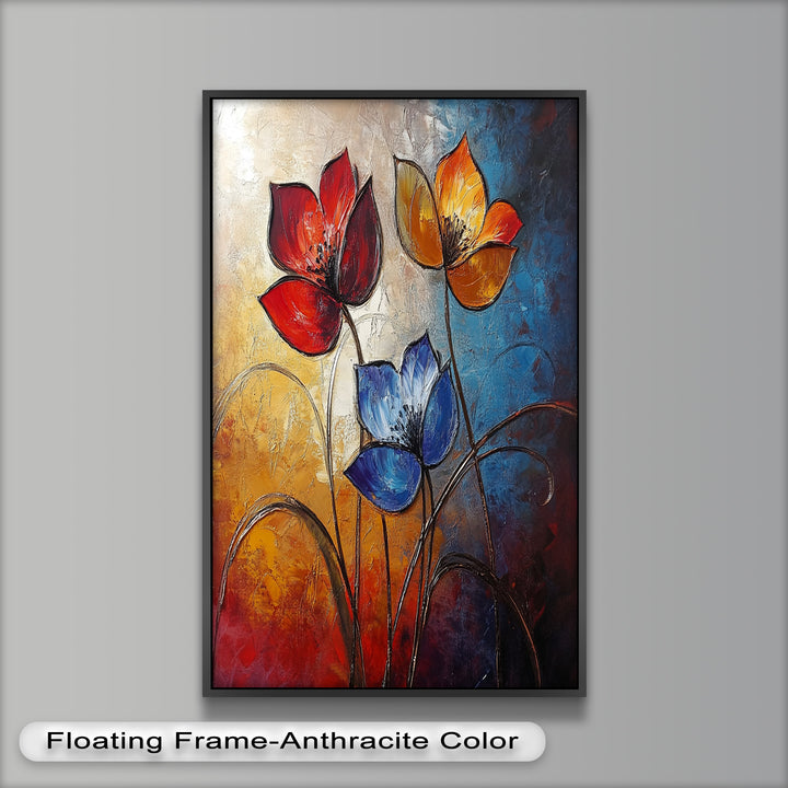 Eternal Bloom – Red, Yellow, and Blue Floral Oil Painting