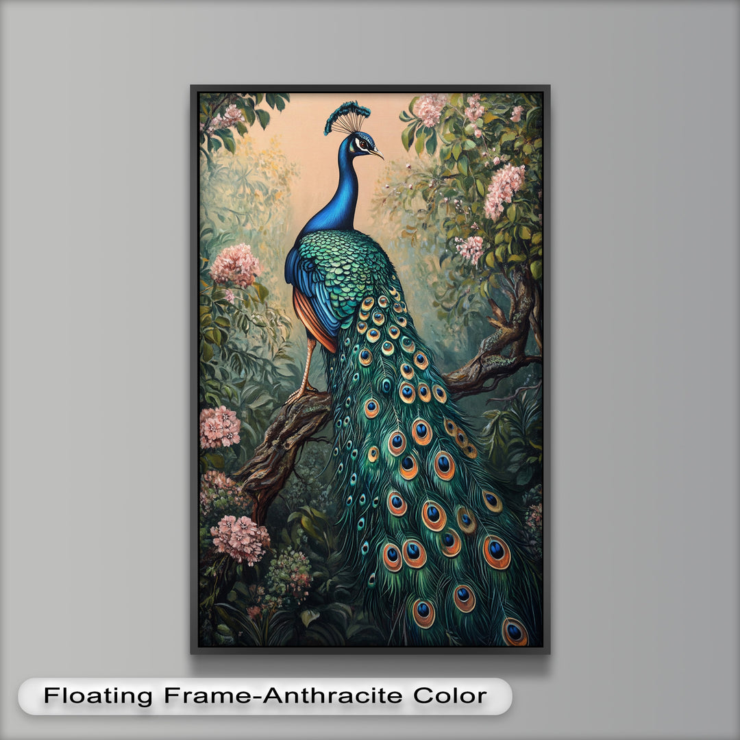 Peacock Among Blossoms – Regal Garden Beauty Animal Oil Painting