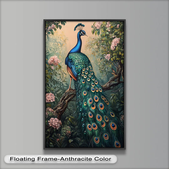 Framed animal oil painting exhibits symmetrical circles in the peacock's plumage, creating a geometric and eye-catching oil painting wall art within the regal garden beauty.