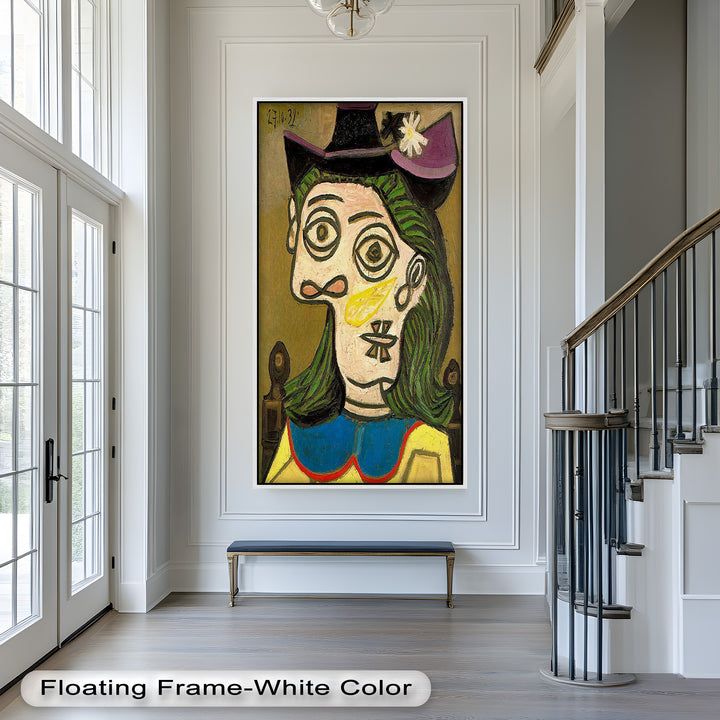 Whimsical Gaze – Abstraktes Porträt mit grünem Haar, kubistisches Ölgemälde