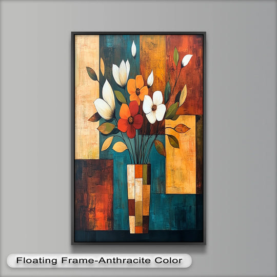 The brightest area illuminates the flowers in this geometric bloom, a modern floral abstract oil painting art with red, white, and orange blossoms in a segmented vase.