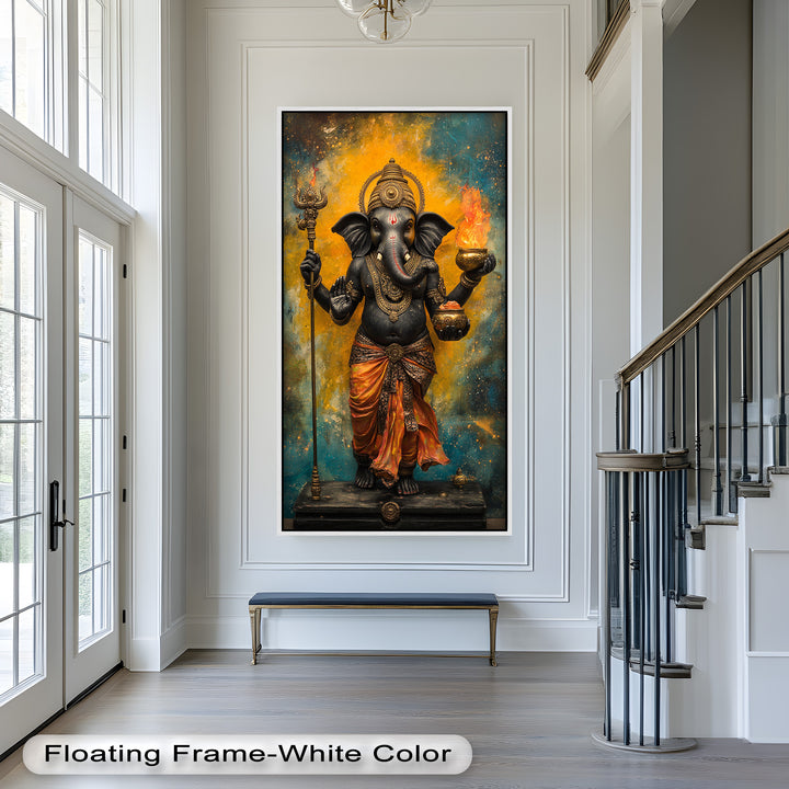 A dynamic and divine portrayal of Lord Ganesha with symbolic objects in hand, radiating energy and spiritual presence.