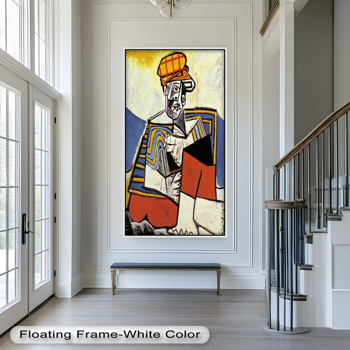A striking modernist figure with a fractured face and patterned clothing, set against a minimal, expressive background.
