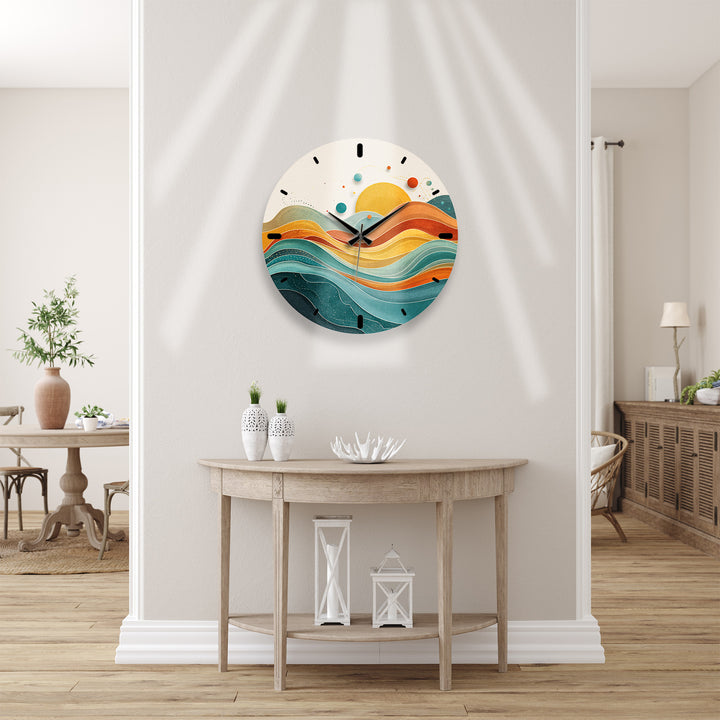 Retro Sunset Glass Wall Clock – Abstract Boho Wave Art
