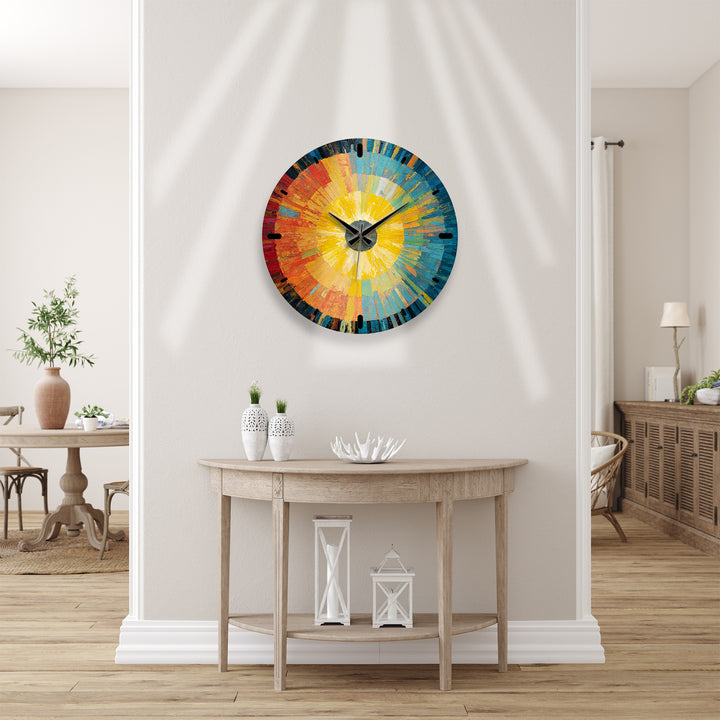 Abstract Sunburst Glass Wall Clock – Colorful Modern Art