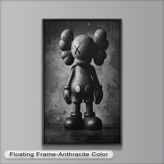 Brightest areas highlight the textured surfaces of the Shadow Icon KAWS, a modern oil painting art piece rendered in grayscale tones.