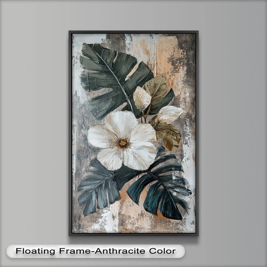 Gray-dominated white bloom and tropical leaves oil painting wall art features a striking combination of dark green foliage and a pristine white flower.
