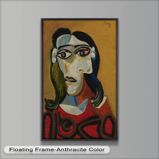 Yellow dominates this abstract portrait oil painting, offering a backdrop for the red garment and expressive oil painting decoration of the subject in a cubist style.