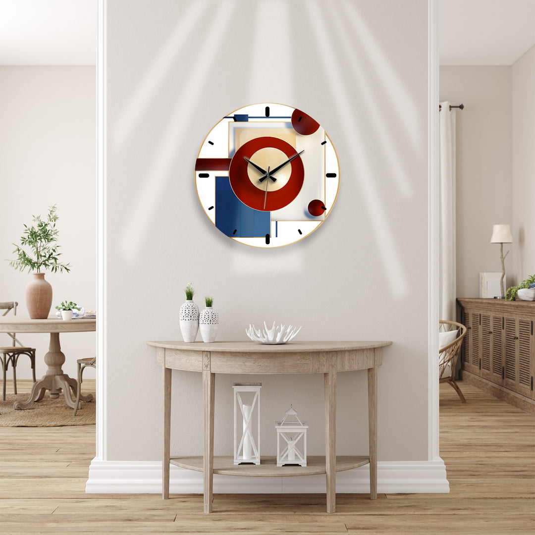 Burgundy and Navy Glass Wall Clock – Modern Geometric Gold Art