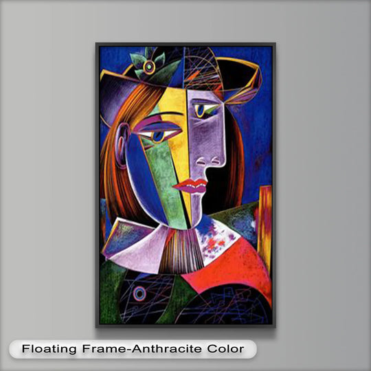 Showcasing the stark color contrast, this oil painting reproduction print depicts a vibrant woman with a flower hat in a bold display of cubist art style.