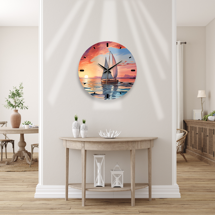 Sunset Sailboat Glass Wall Clock – Coastal Nautical Decor