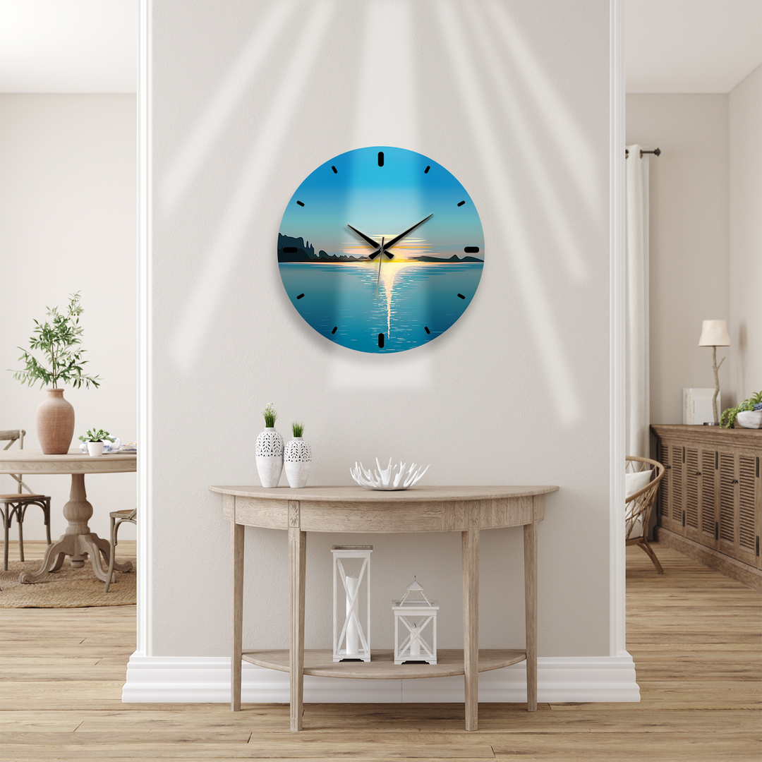 Minimalist Ocean Sunset Glass Wall Clock – Coastal Decor