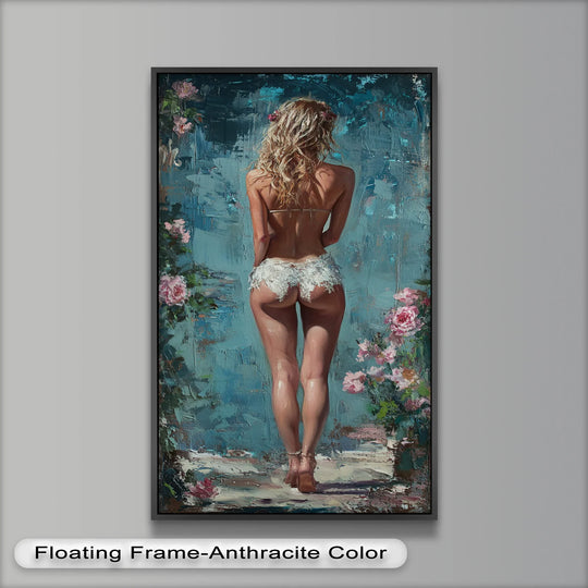 Soft brushstrokes define the dreamy oil painting art prints depicting a woman in delicate lace amidst a garden of soft, pink roses.