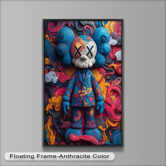 A white skull character in a detailed suit floats within the softest swirling abstract shapes of this oil painting artwork.