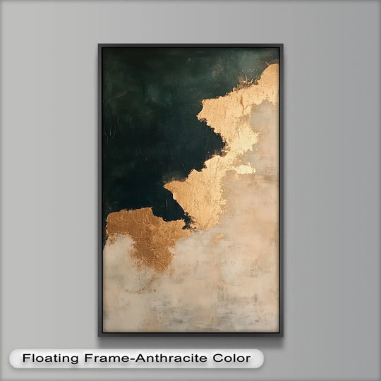 Highlighting the abstract quality, this minimalist oil painting artwork uses deep green and gold textures to evoke a sense of golden drift and modern artistry.