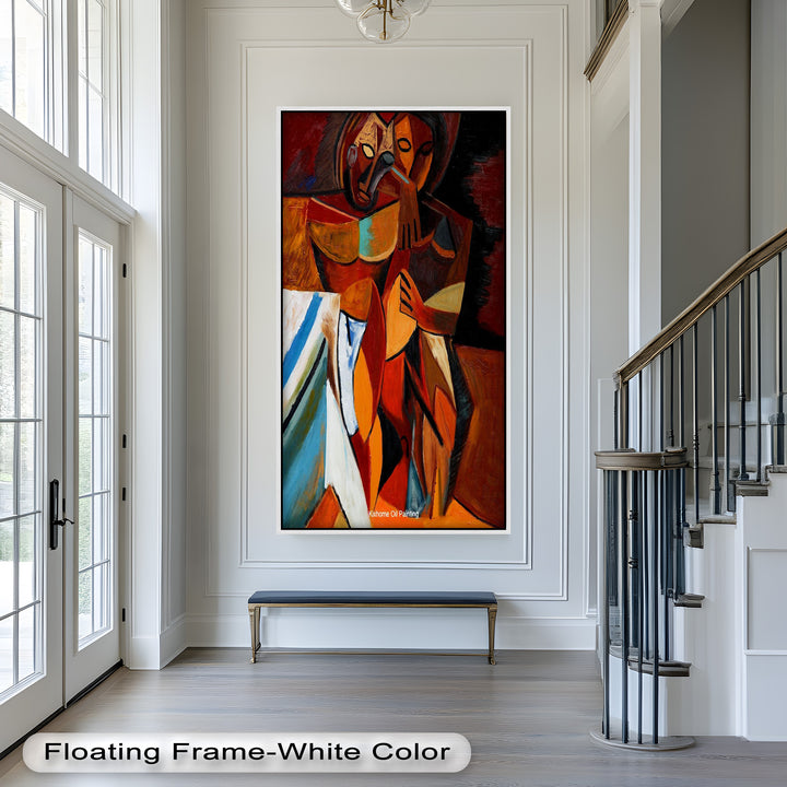 An evocative modernist artwork depicting unity and connection through faceless geometric figures in a warm, abstract space.