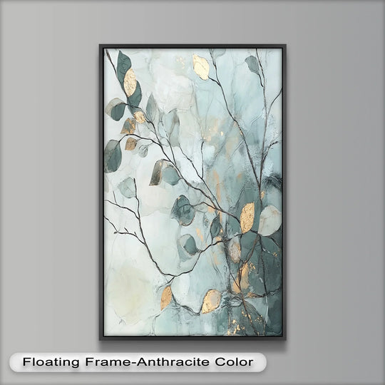 The realistic detail showcases the blue and metallic leaf branches in this abstract oil painting home decor, highlighting the texture and color variations within the leaves and branches.