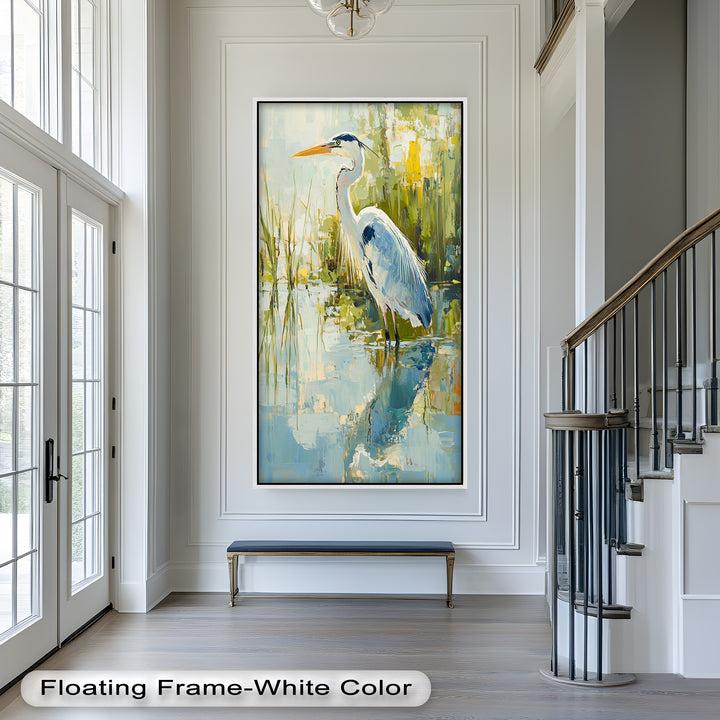 Heron Amid Textured Reflections - Animal Oil Painting