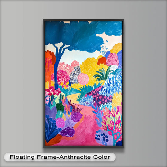 Cool hues dominate this vibrant 'Dreamy Garden Path' oil painting art piece, contrasting with warm yellows and pinks to create a captivating, abstract landscape.