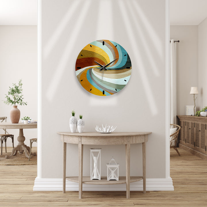 Retro Wave Glass Wall Clock – Teal and Mustard Abstract Decor