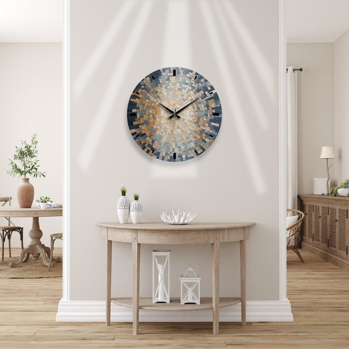 Blue Mosaic Glass Wall Clock – Beige Geometric Circle Art Decor