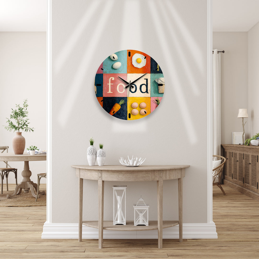 Colorful Food Glass Wall Clock – Retro Kitchen Decor