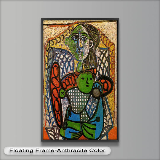 Significant negative space surrounds this Picasso oil painting art prints depiction of a mother and child in green and blue.