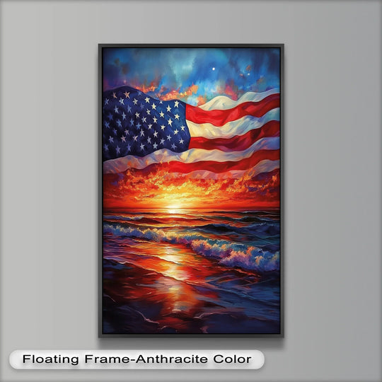 Vibrant color saturation defines this modern oil painting art depicting the American flag over a fiery sunset and energetic ocean waves, radiating patriotic warmth.