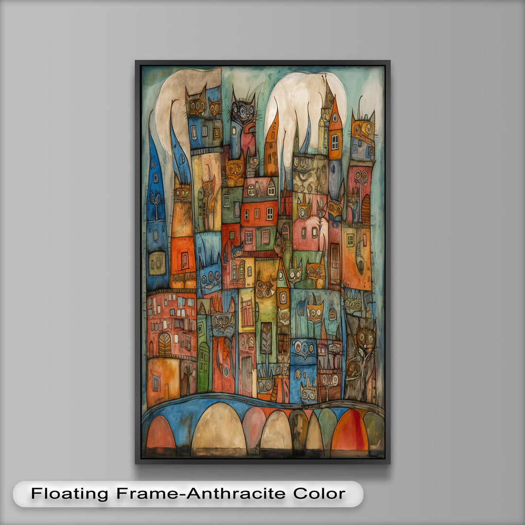 Whimsical Cat Cityscape – Surreal Architecture and Feline Picasso Oil Painting