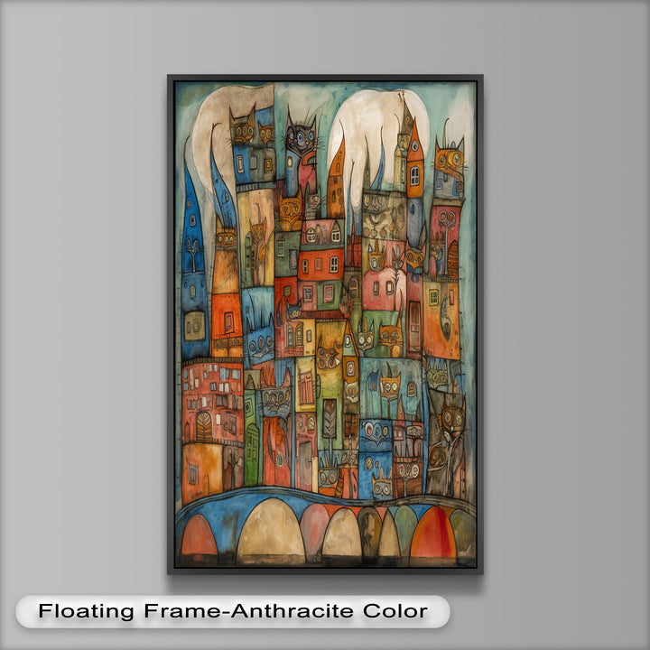 Whimsical Cat Cityscape – Surreal Architecture and Feline Picasso Oil Painting
