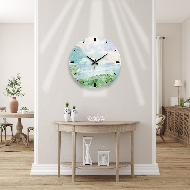 Pastellfarbene Küstenwanduhr aus Glas – abstrakte Meereslandschaftskunst