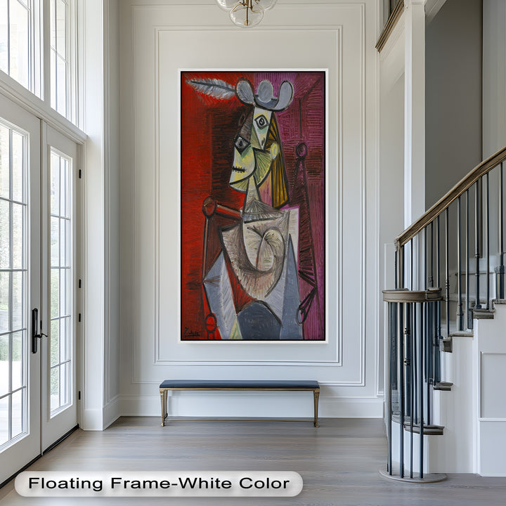 Bold in Crimson – Woman with Feather Hat Abstract Oil Painting