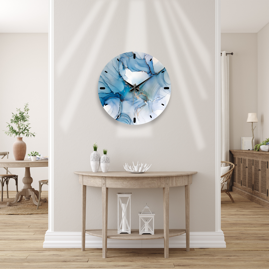 Blaue Marmorglas-Wanduhr – Abstraktes fließendes Kunstdekor