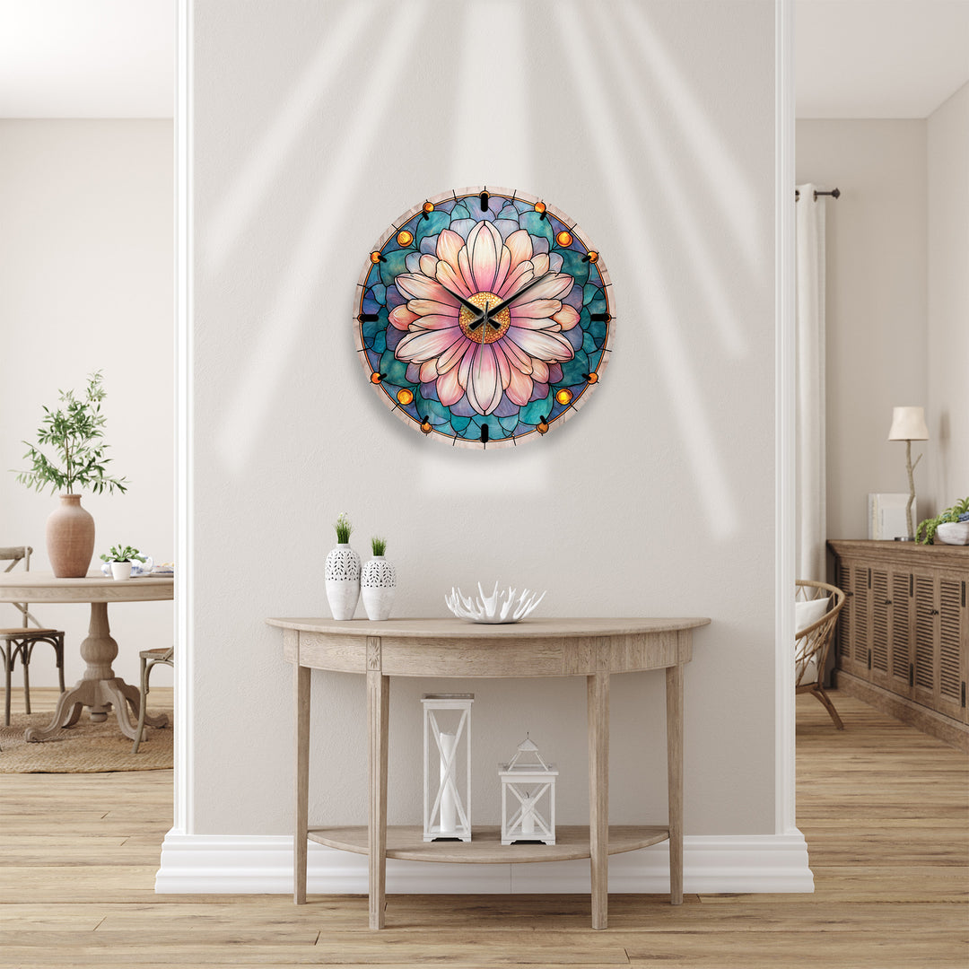 Rosa florale Glas-Wanduhr – Dekor im Buntglas-Stil