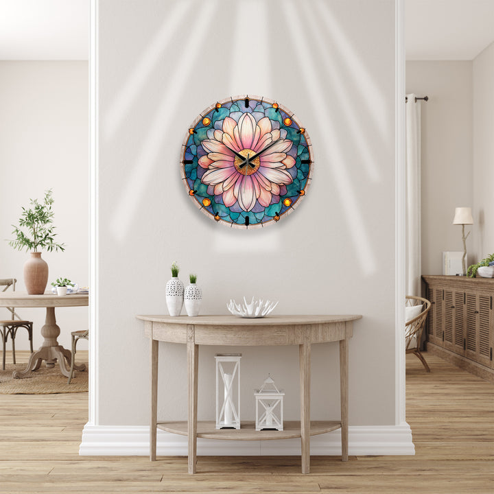 Rosa florale Glas-Wanduhr – Dekor im Buntglas-Stil