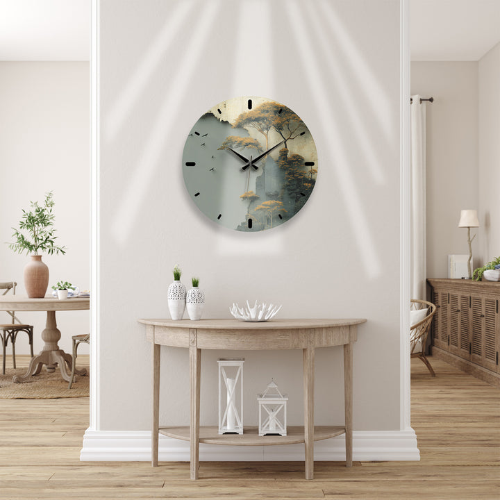 Misty Forest Glass Wall Clock – Golden Mountain Landscape