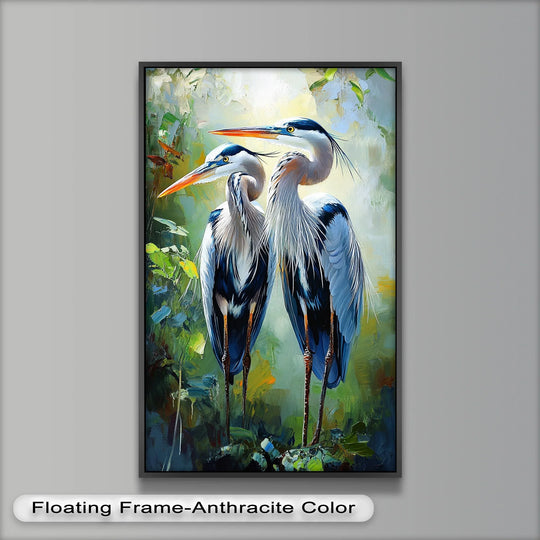 Soft brushstrokes create luminous forest light in this modern oil painting art, enhancing the elegant form of a pair of herons.