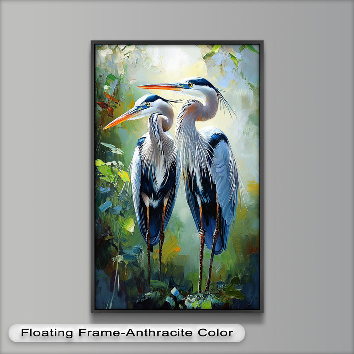 Pair of Herons in Forest Light – Animal Oil Painting