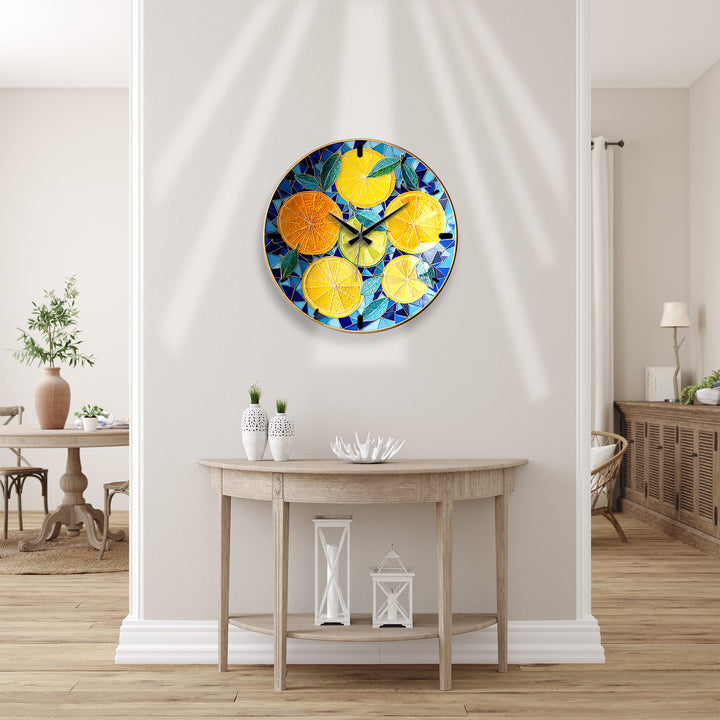 Lemon and Orange Glass Wall Clock – Mediterranean Kitchen Decor