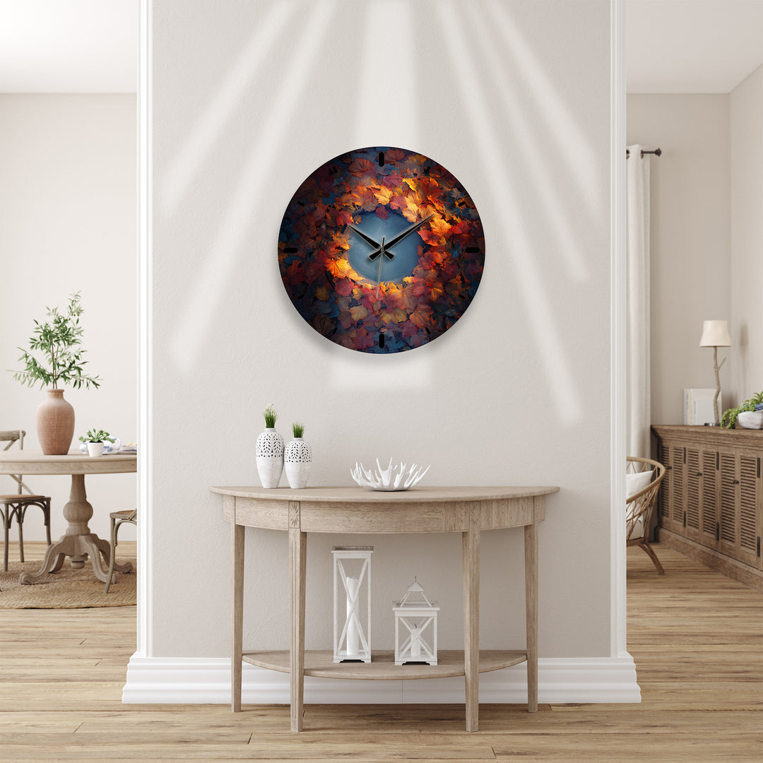 Glas-Wanduhr mit Herbstblättern – rustikales Herbstkranz-Dekor